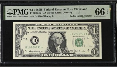 1969B $1 FRN PMG 66 EPQ ⭐ Radar Serial D19700791A ⭐ Birth Year 1970 GEM Fancy - Image 1 of 3