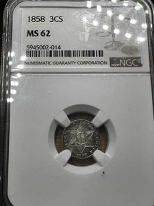 1858 3CS Three Cent Silver NGC MS 62 - Picture 1 of 5