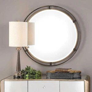 Carrizo Round Wall Mirror Modern Bronze Gold Metal Frame 36" ~ Uttermost 09332 - Picture 1 of 12