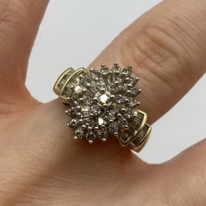 Diamond Art Deco Cluster Baguette Cut Ornate Ring 10ct 10k Yellow Gold - Size K - Picture 1 of 11