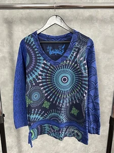 Suéter Desigual Azul Estampado Algodón Cuello en V Talla M - Imagen 1 de 9