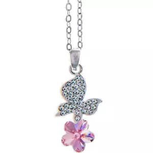 Matashi 16" Rhodium Plated Butterfly Necklace w/ Pink Flower Crystal Gift Ready! - Picture 1 of 8