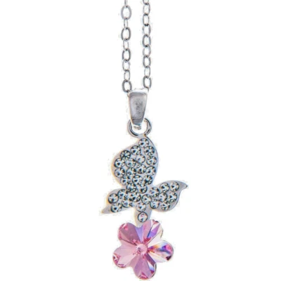 Collar Matashi 16" Chapado en Rodio Mariposa-Flor con Cristal Rosa ¡Listo para Regalo! Foto 1 de 4