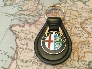 ALFA ROMEO ENAMEL Quality Black Real Leather Keyring MITO GIULIA SPIDER - Picture 1 of 3
