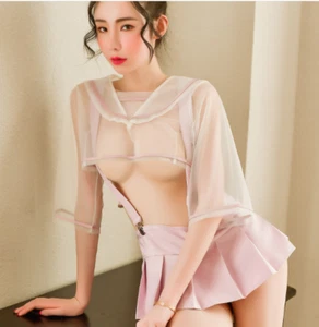 Breast Reveal Transparent Lingerie Student Uniform Strap Pleated Skirt Cosplay - Picture 1 of 23
