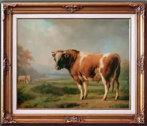 Antico dipinto olio fatto a mano vecchio maestro-arte animale mucca su tela 24"x30" - Foto 1 di 2