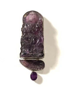 Amy Kahn Russell AKR Carved Amethyst Buddha Sterling Silver Brooch Pendant - Picture 1 of 10