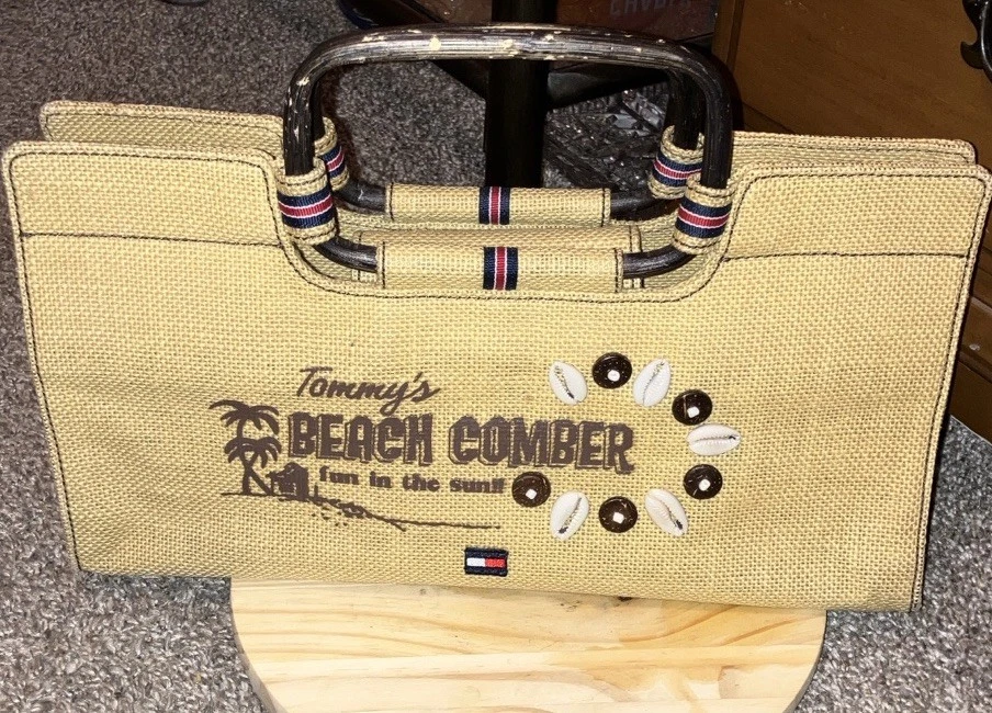 "Bolso de mano Tommy Hilfiger BEACHCOMBER con doble asa de madera detalle de carcasa 14"" X 9""" Foto 1 de 4