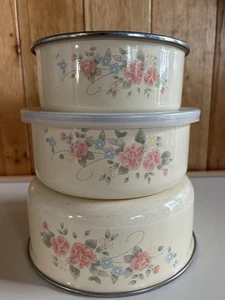 Pfaltzgraff Tea Rose Enameled Metal Nesting Serving Bowl Set of 3 Vintage Floral - Picture 1 of 4
