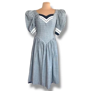 Vestido retro vintage años 80 Leslie Lucks manga abullonada a cuadros azul marino blanco midi  - Imagen 1 de 15