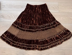 VTG Crushed Velvet Lace Maxi Skirt Bronze Brown Y2K Tiered Beaded Boho Fairy S10 - Picture 1 of 16