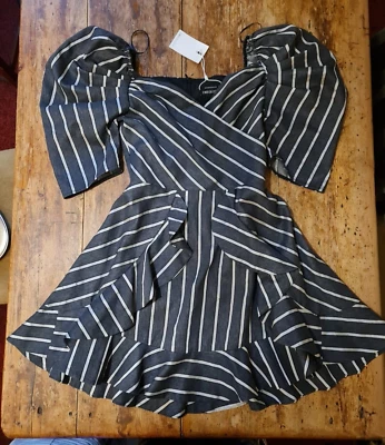 C/MEO Collective Puff Sleeve Ruffle cocktail Dress Small. Grey Stripe RRP £180 - Image 1 of 4