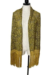 Vintage Long Shawl Womens Fringe Gold Lace Woven Details Bohemian Festival Boho - Picture 1 of 6