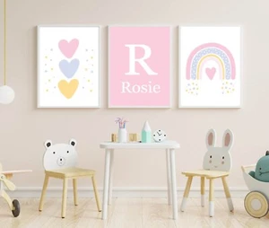 Set of 3 girls prints, Rainbow Heart Posters, Girls Bedroom Nursery, Wall Art - Picture 1 of 10
