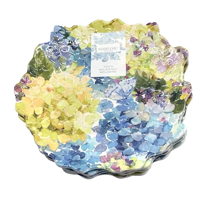 4 Shabby Chic MELAMINE Salad Plate Set Hydrangea Blue Yellow Floral Butterfly 8" - Image 1 of 4