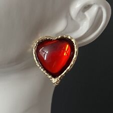 Gripoix Style Heart Clip On Earrings Red Jelly Belly Poured Resin Gold Tone