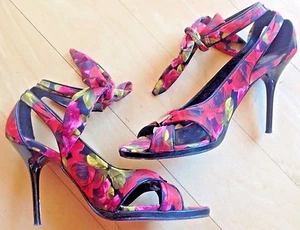 KAREN MILLEN High Heel Floral Satin Ankle Tie Strappy Peep Toe Sandals 37 6.5 7 - Picture 1 of 7