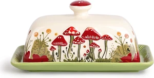 Mushroom Butter Dish with Lid for Countertop Ceramic Butterdish, Red Mushroom Bu - Picture 1 of 12