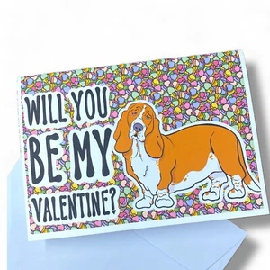Red Basset Hound Dog Valentines Day Card Handmade Holiday Greeting Card Gift - Picture 1 of 5