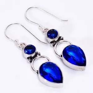 Orecchini pendenti argento sterling 925 gioielli moda zaffiro blu 1,8" ARE-1711 - Foto 1 di 3