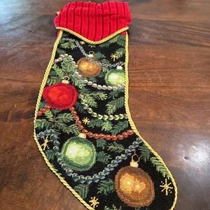 Dillards Wool Needlepoint Christmas Stocking Of Ornaments Gold Trim Velvet Top - Picture 1 of 6