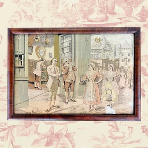 Vintage European Tapestry Market Scene in Tiger Stripe Wood Frame Alonzo Perez - Picture 1 of 14