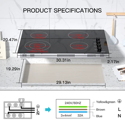 ISEASY Electric Cooktop 30 in Built-in 4 Burner Ceramic Cooktop Electric Stove Top 220V