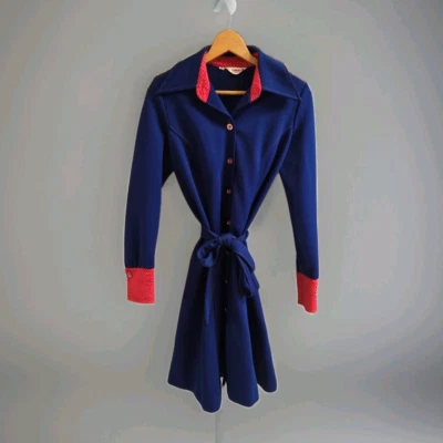 Vintage 1970s Navy Blue & Red Belted Polka Dot Button Up Dress With Belt Size 14 - Image 1 of 4