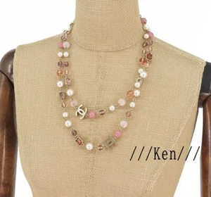 CHANEL Necklace Coco Pendant choker Chain AUTH Vintage Gold Pink stone Pearl 07A - Picture 1 of 16