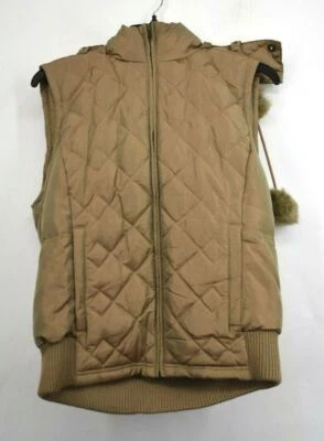 Chaleco acolchado con capucha de piel sintética cremallera completa sin mangas color tostado Ann Taylor By Loft para mujer S Foto 1 de 4