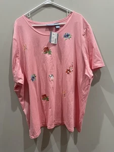 Liz & Me Womens Plus Size Top T-Shirt Tee 2X Pink Floral Embroidery NWT - Picture 1 of 6
