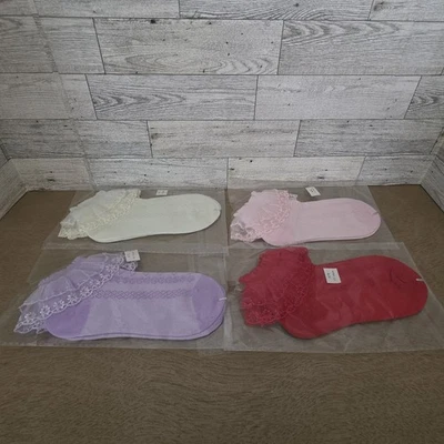 4 Pares Niñas Encaje Volantes Princesa Algodón Tobillo Rojo, Lavanda, Crema, Rosa Foto 1 de 4