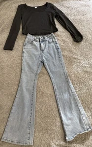 Girls’ Flare Jeans & Black Long Sleeve Top Set – Size 12Y Shein - Picture 1 of 15