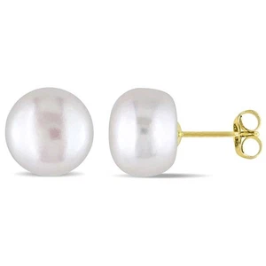 AMOUR 9 - 10 Mm Cultured Freshwater Pearl Stud Earrings In 10K Yellow Gold - Picture 1 of 1