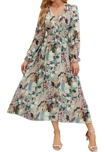 Women's 2025 Floral Summer Maxi Dress, Spring Long Sleeve V-Neck Empire Waist... - Picture 1 of 6