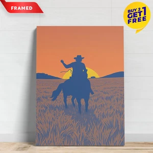 Cowboy Riding Black Horse at Sunset Canvas Framed 12x16 Inches Wall Art - Picture 1 of 3