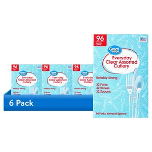 (6 pack) Plastic Everyday Clear Assorted Cutlery, 96 Count includes - Picture 1 of 6