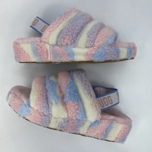 UGG W FLUFF YEAH SLIDE Slipper Cali Collage  Women's 9 Pink Blue White Stripe - Picture 1 of 10