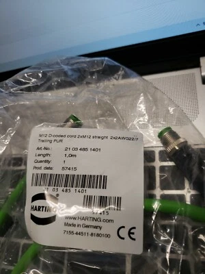 Harting M12 to M12 Heavy Duty D-coded 2xm12 Straight 2x2AWG22/7 21 03 485 1401 - Image 1 of 3