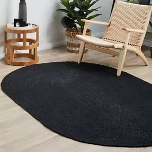 Rug Jute Home Decor Modern Area Rug Reversible Black Braided Oval Carpet Mat - Picture 1 of 10