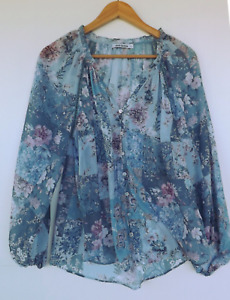 Just Jeans Top 12 Womens Sheer Blue Green Pink Floral Button Up Boho Unlined