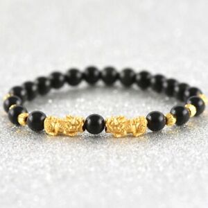Real 24K Yellow Gold 6mmW Black Agate Beads 3D Pixiu Faced Beads Link Bracelet
