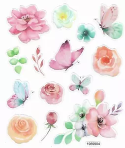 14 Pastel Flower Butterfly Rose Spring Scrapbook Craft Stickers - Picture 1 of 1