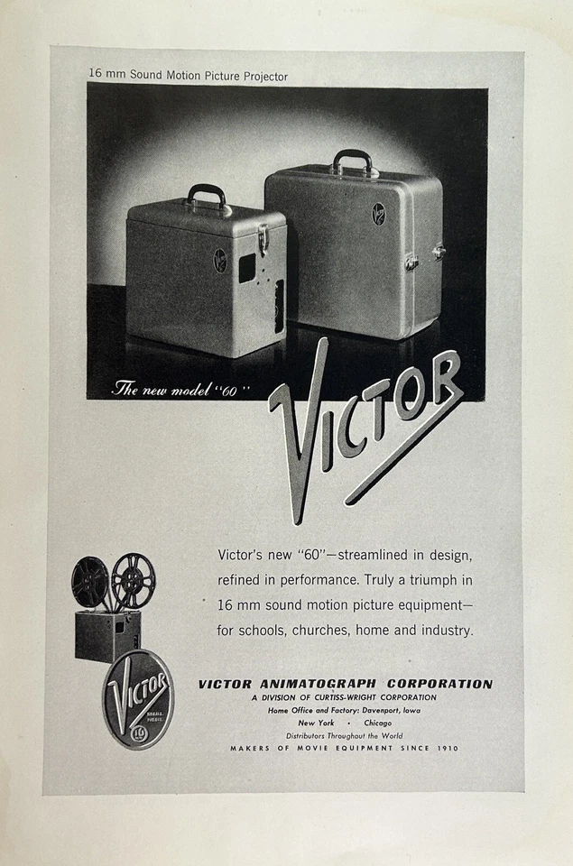 Victor Animatograph Corp 1947 modelo 60 16 mm proyector anuncio impreso Foto 1 de 1