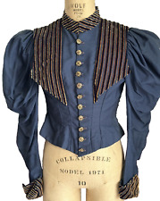 Antique Victorian Bodice Top Blue Wool with Velvet accents For Study