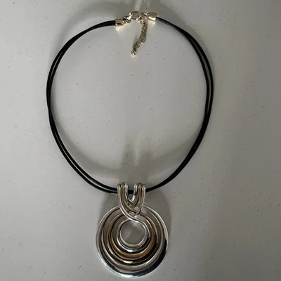 Lia Sophia Necklace -  black Leather Chain & Silver & gold Rings - Image 1 of 3