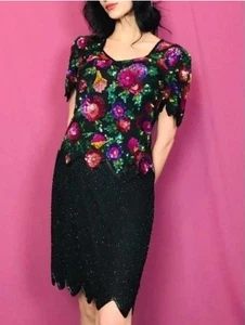 New Vintage 80s Laurence Kazar Silk Beaded Sequins Floral Top Beaded PXL - Picture 1 of 16