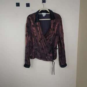 Vintage Coldwater Creek irisierende Wickelbluse Samt geblümt in braun Gr. XL - Bild 1 von 9