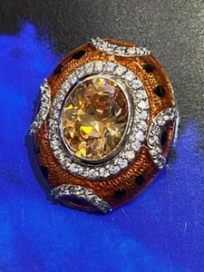 VINTAGE BIG ORANGE YELLOW CITRINE & CZ Stones ENAMEL 925 STERLING SILVER PENDANT - Picture 1 of 7