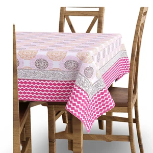 Indian Hand Block Printed Tablecloth Cotton Grey Pink Circle Cover Set 60x90 - Picture 1 of 4